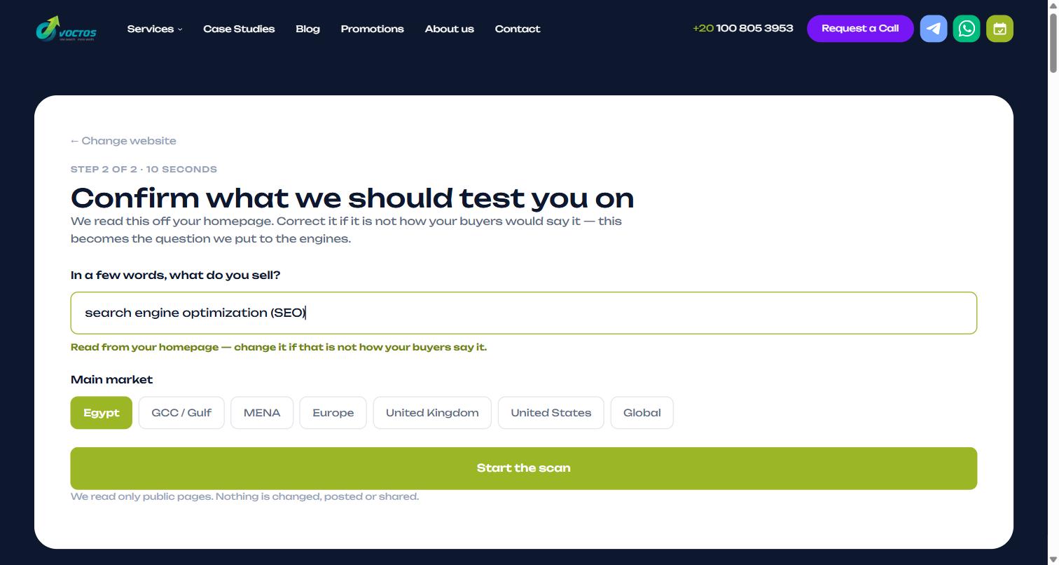Confirmation step: the tool reads what you sell from your homepage and asks you to pick your main market before scanning