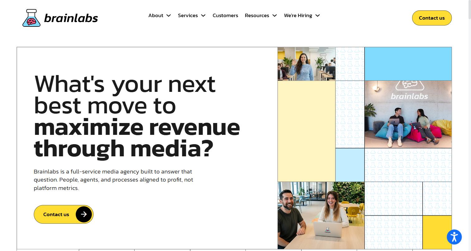 Brainlabs homepage, the media agency that published its own ChatGPT ads CPM test results and buy-side minimums