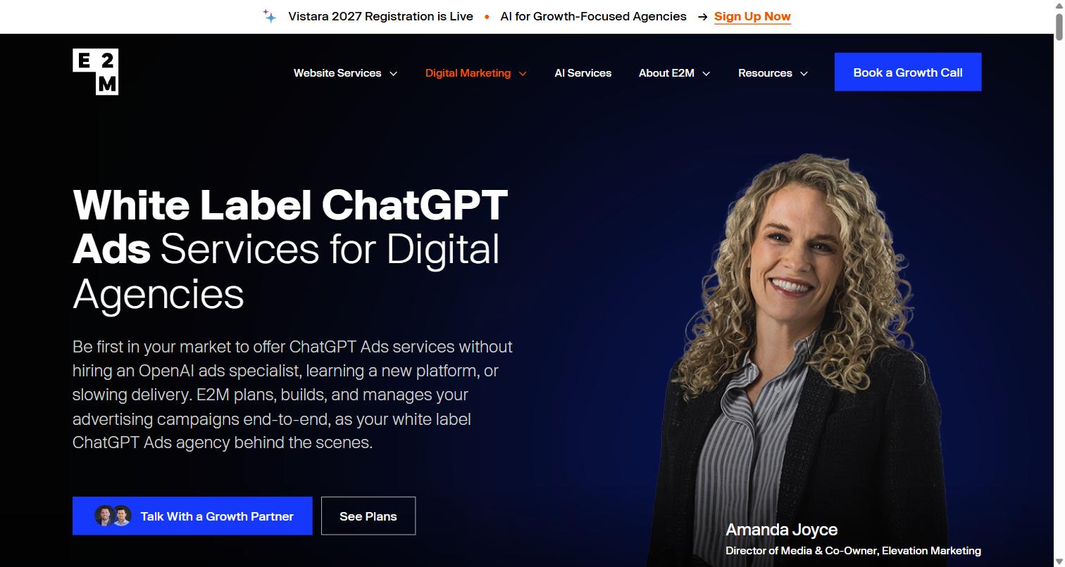 E2M Solutions white label ChatGPT Ads services page for digital agencies, one of only two named ChatGPT Ads service pages found