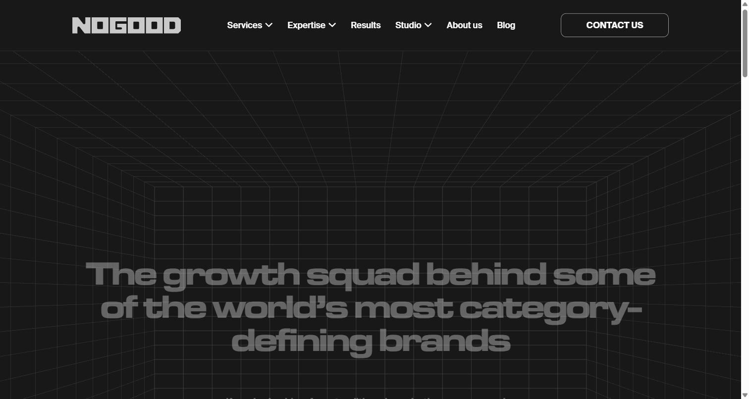 NoGood homepage, a New York growth agency with a published Dubai office and the Goodie AI visibility platform