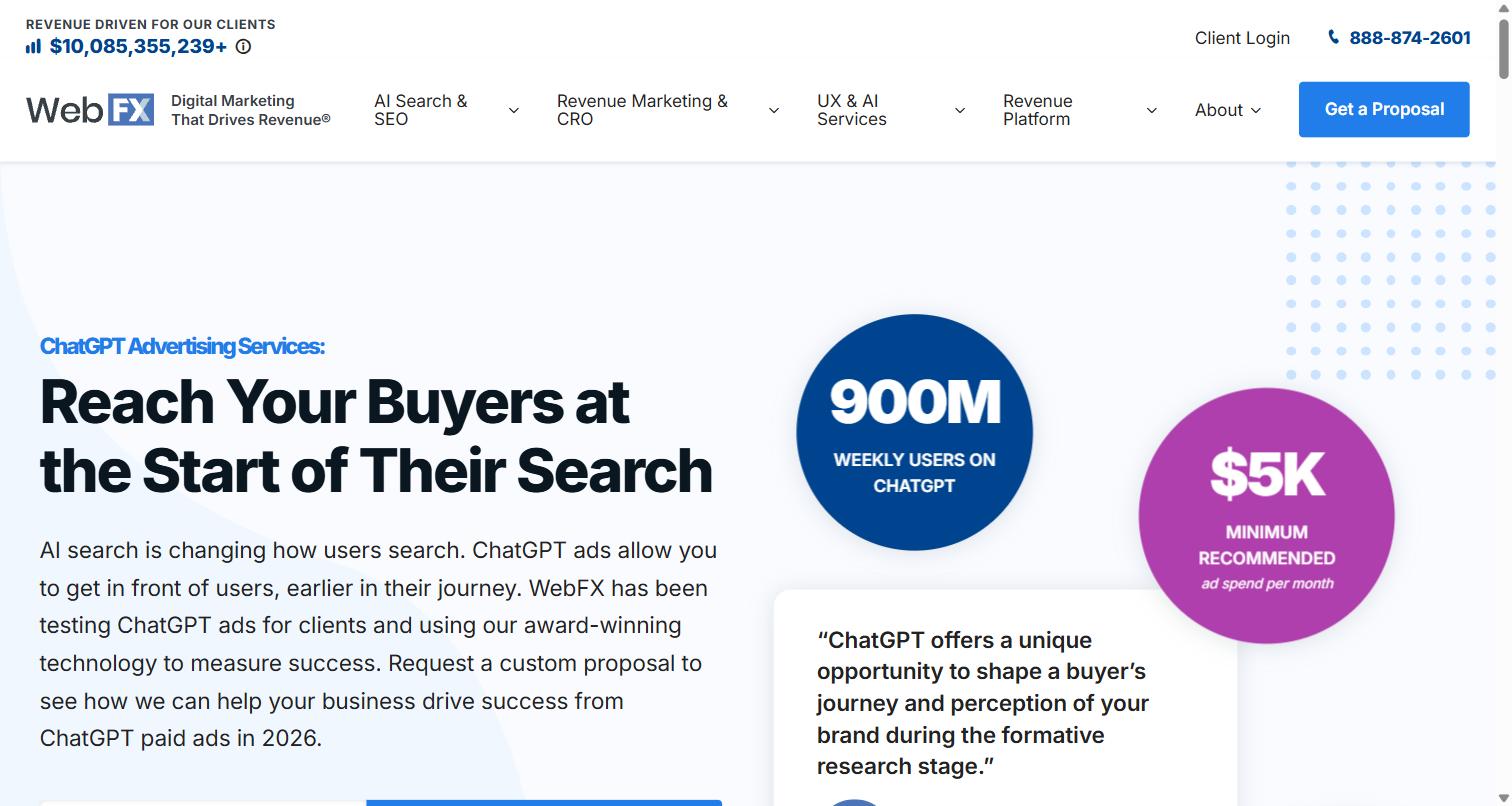 WebFX ChatGPT Advertising Services page showing a 5,000 dollar minimum recommended monthly ad spend