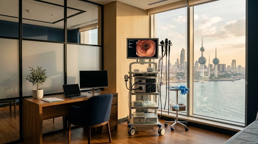 Modern gastroenterology clinic room with an endoscopy tower and a view of the Kuwait skyline, cover for the Dr. Fahad Alebrahim Clinic SEO case study